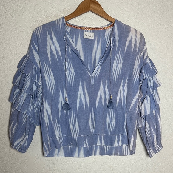 SAYLOR Tops - SAYLOR Blue Ikat Ruffle Blouse Cotton Summer Vacation Resortwear Tassels Medium